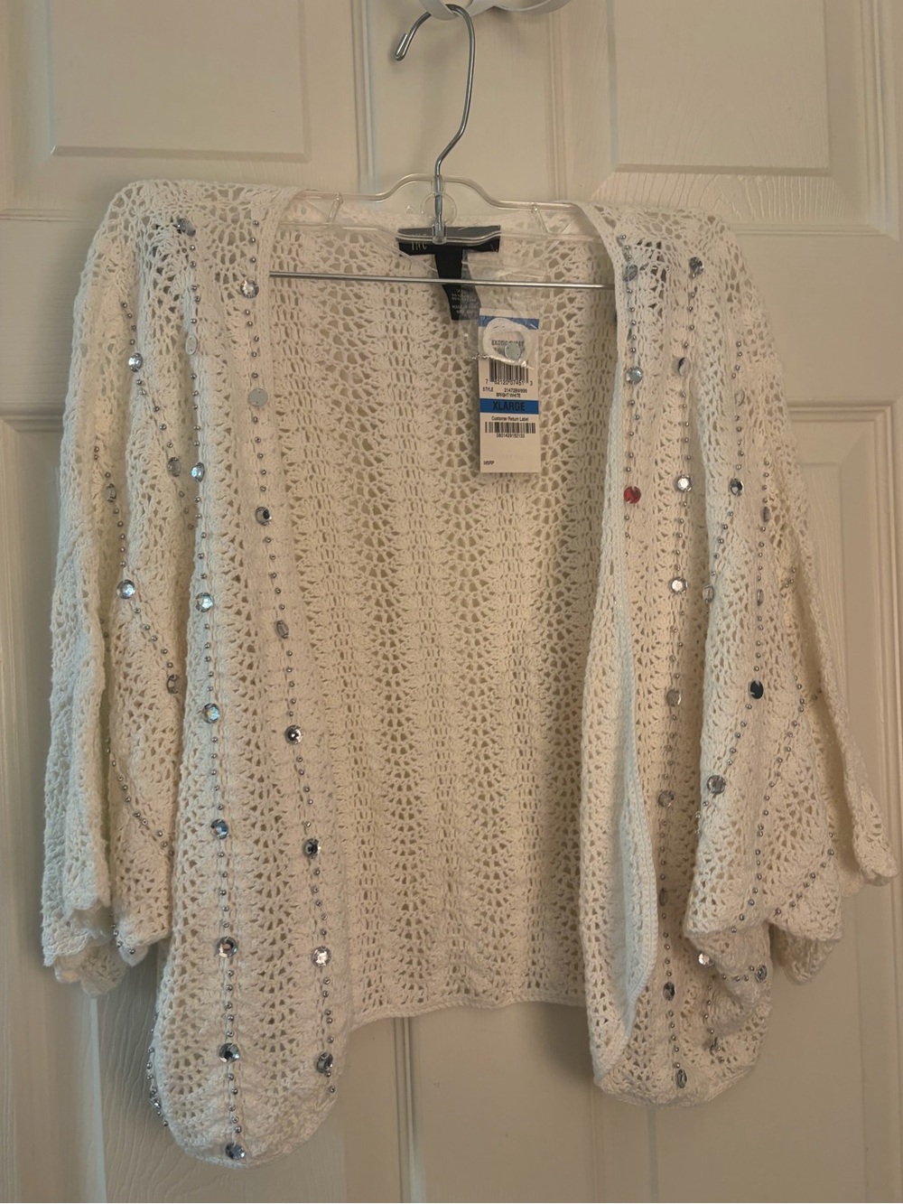NWT INC White Sequin SS Open Knit Women's Sweater Cardigan